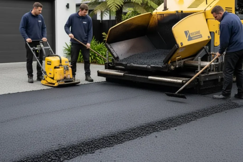 Asphalt Repair Auckland professionals applying fresh asphalt using modern paving equipment.
