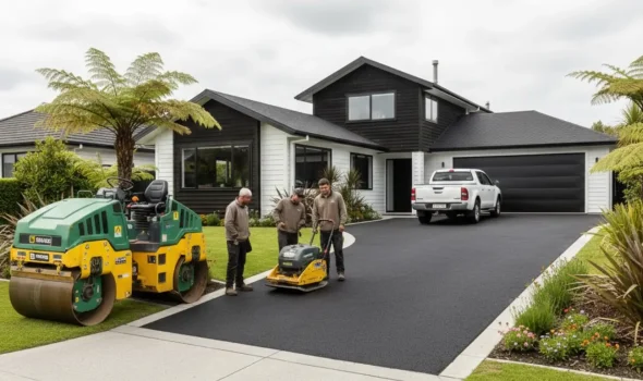 Asphalt Repair Auckland team completing a clean residential driveway that improves visual appeal.