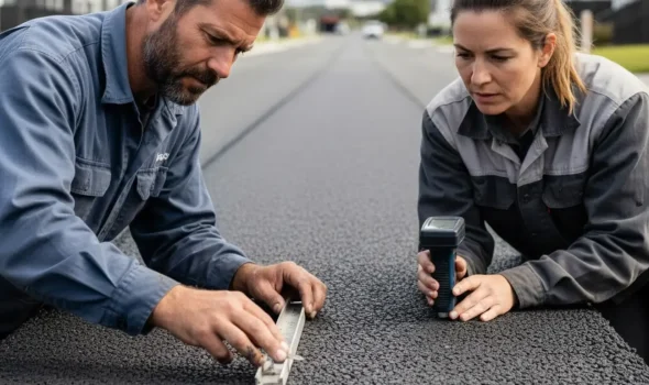 Skilled experts focused on superior quality inspecting asphalt surface for precision as part of Asphalt Contractors Auckland services
